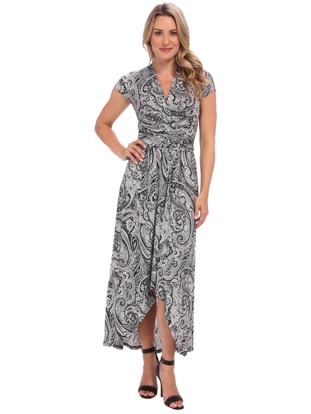 Black & White Paisley Wrap Maxi Dress - Elegant Women’s Dress